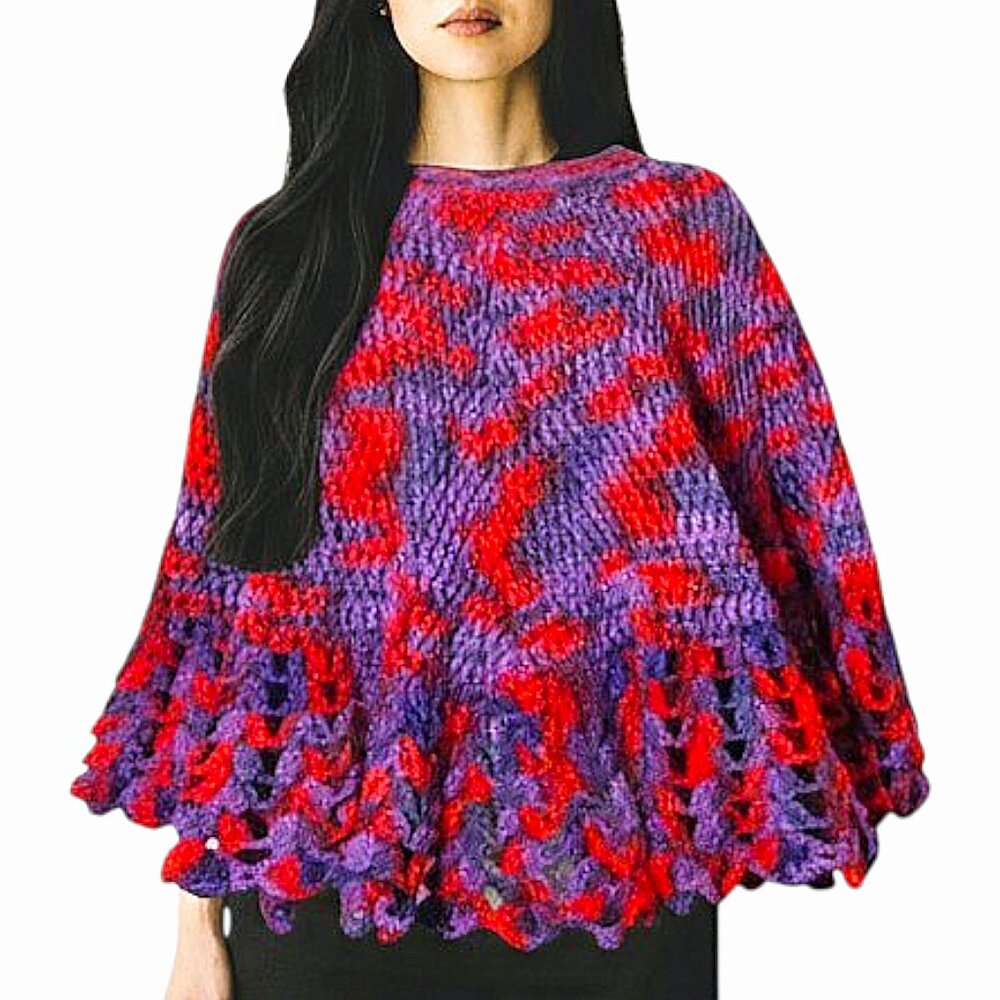 Handmade Crochet Poncho Ruffle Edges Retro Knit Good Cond Purple Red - One Size
